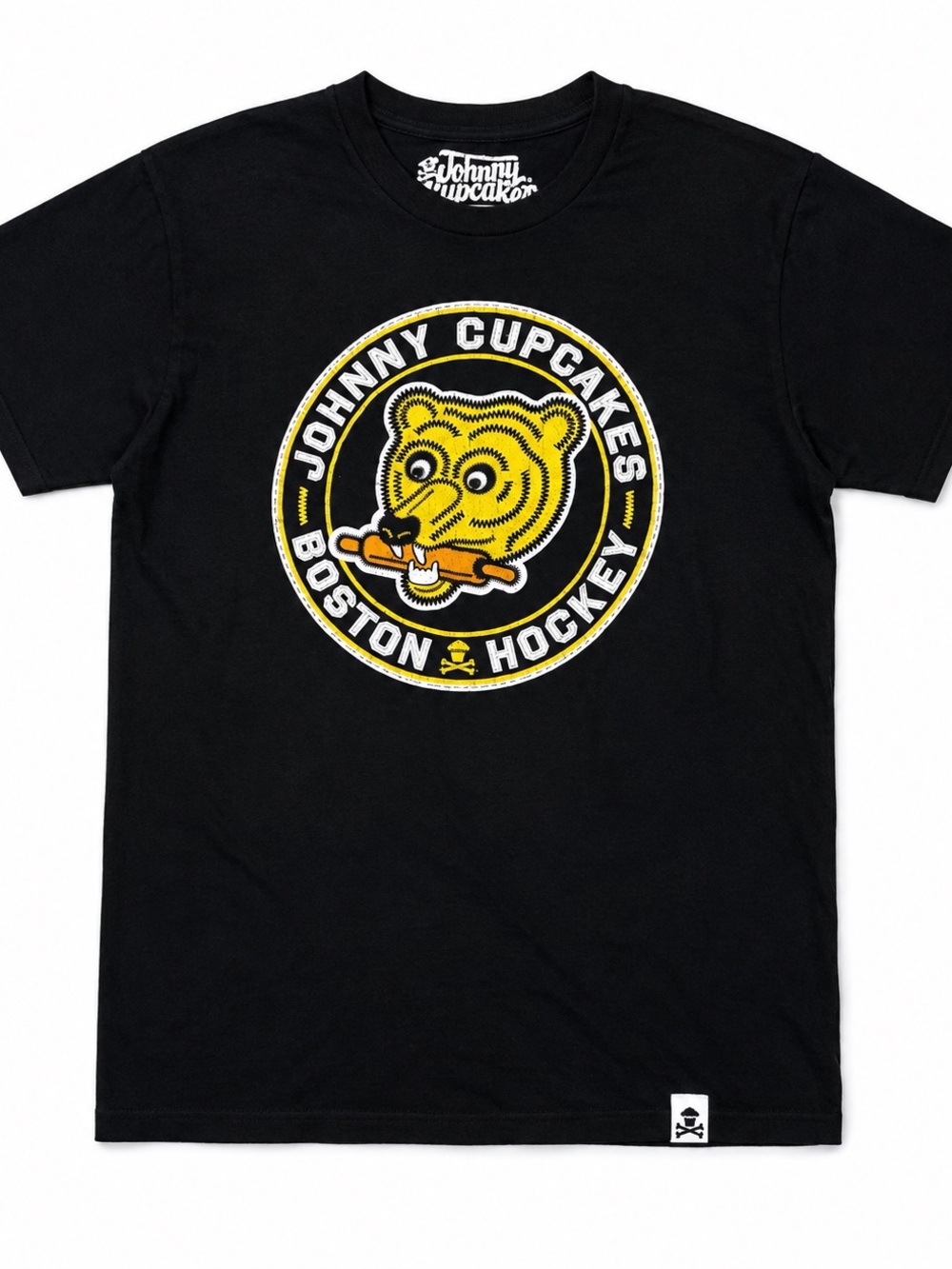 Johnny Cupcakes Black Tee with Yellow & White Boston Hockey Emblem Shirt T-Shirt